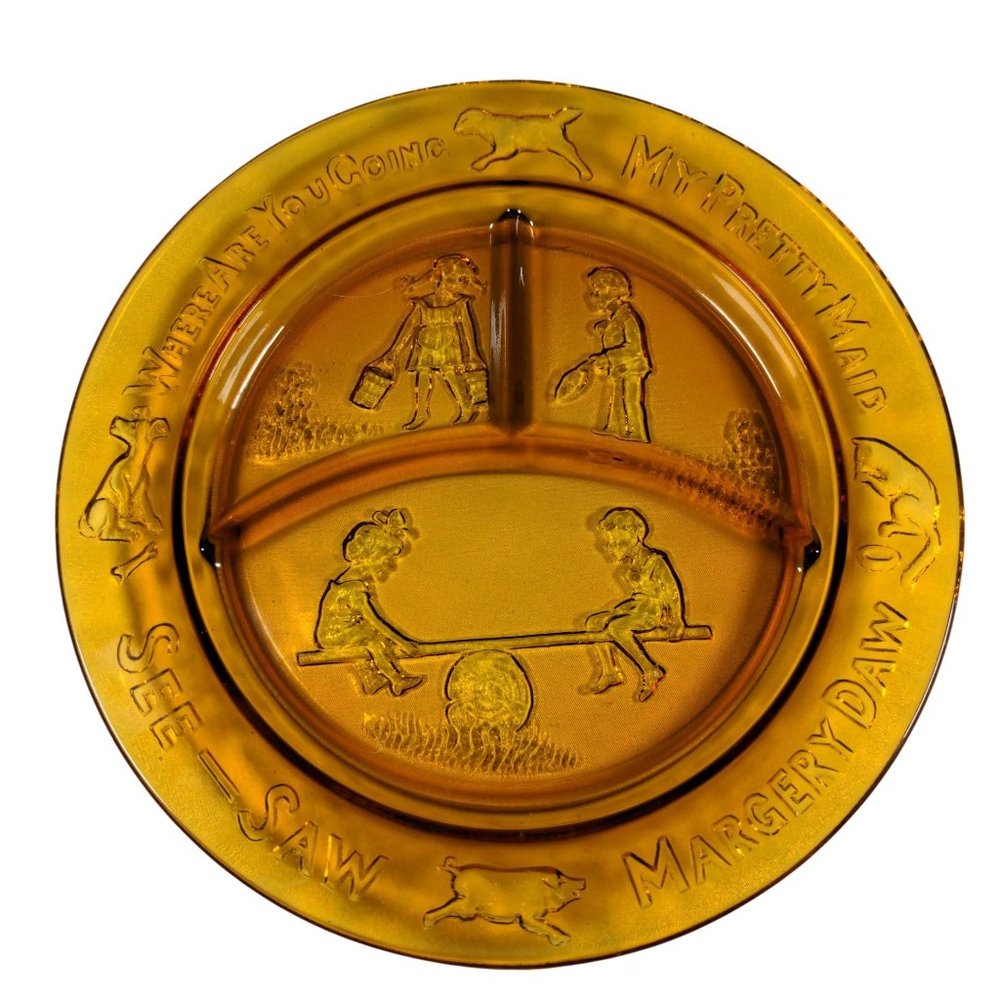 Vintage Tiara Indiana Glass Amber Divided Nursery Rhyme Child's Plate 1977 8.5"